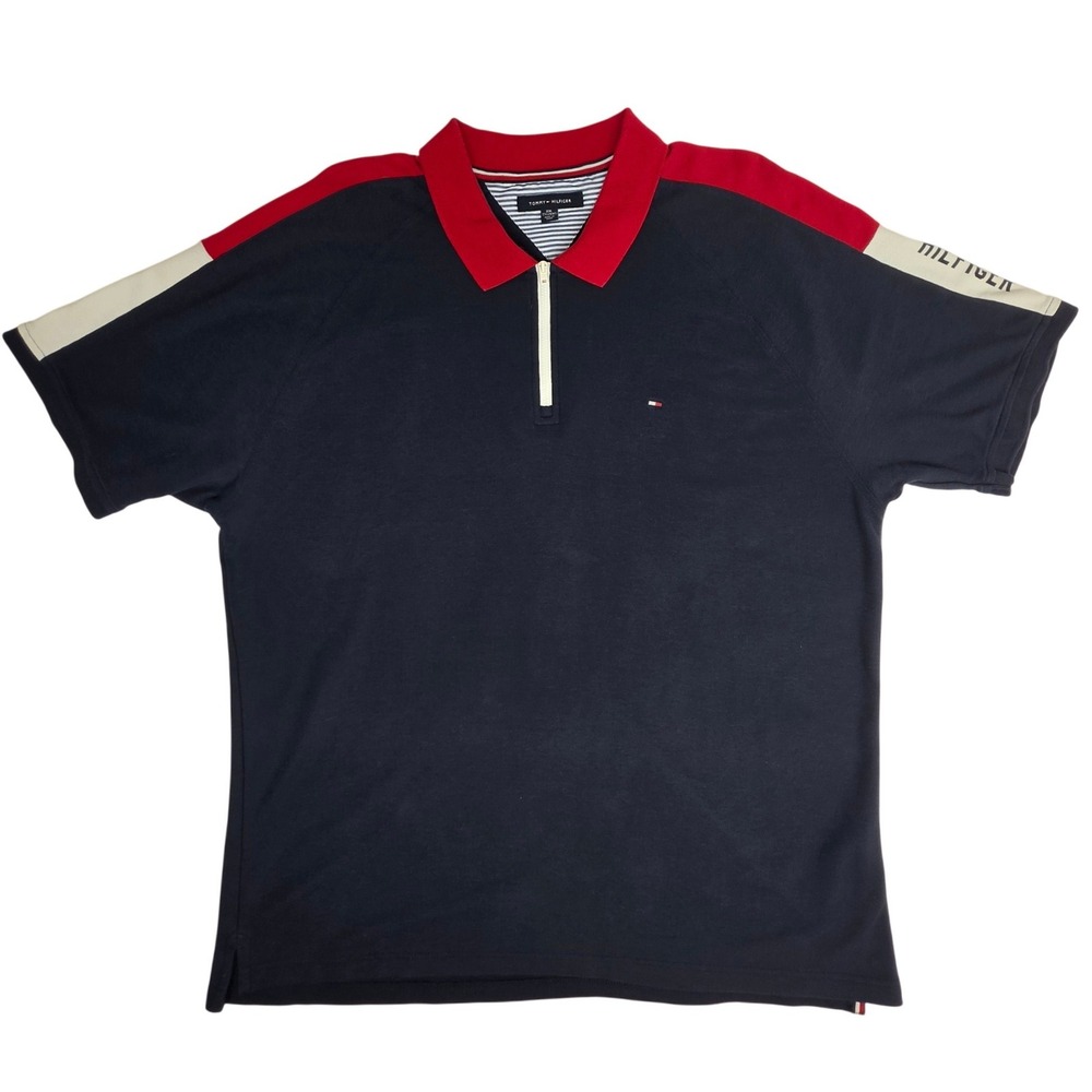 Tommy Hilfiger Mens XXL Navy‎ Red White Colorblock Quarter Zip Polo C8878C9228
